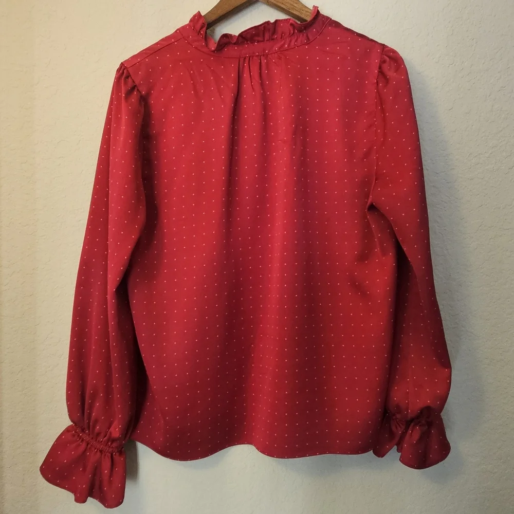 J. Crew Blouse‎ Womens Large Red White Polka Dot Ruffle Sleeve High Low Hem